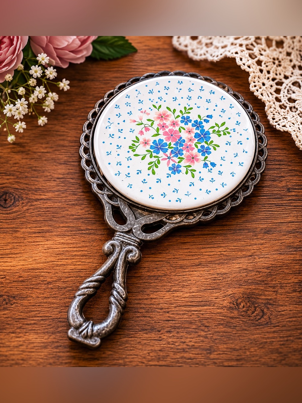 Vintage Cast Iron Floral Trivet w/ Ceramic Center • Cottagecore Farmhouse Decor